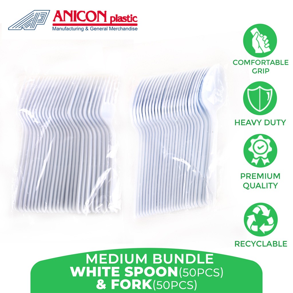 Anicon Premium Quality Disposable Spoon and Fork Bundle - 100pcs (White ...
