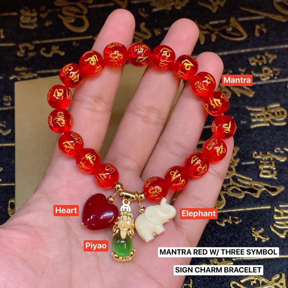 LUCKY CHARM 999 MANTRA RED W THREE SYMBOL SIGN CHARM BRACELET