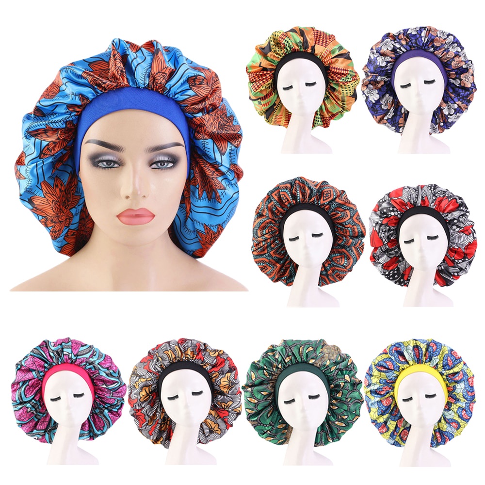 Large Satin Sleep Cap Night Hat African Women Print Hair Bonnet Indian ...