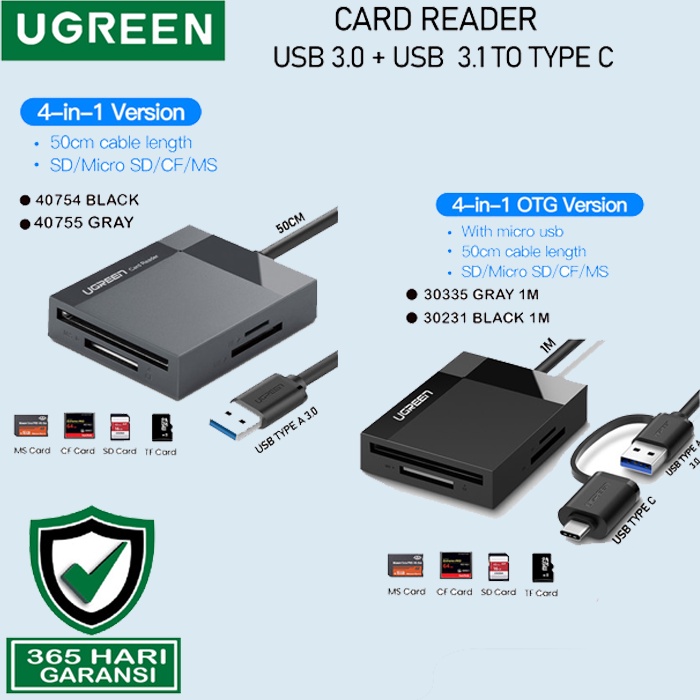 Ugreen All in One Card Reader Adapter 4 in 1 SD/TF/MS/CF Usb 3.0 & Usb ...