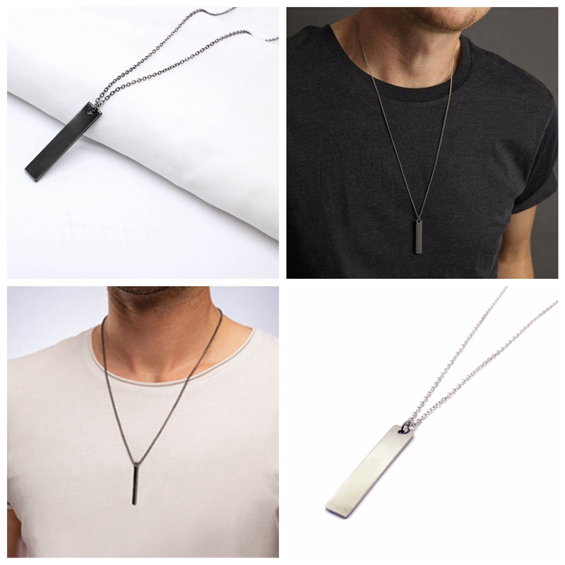 New Black Silver Rectangle Pendant Necklace Men Trendy Simple Stainless ...