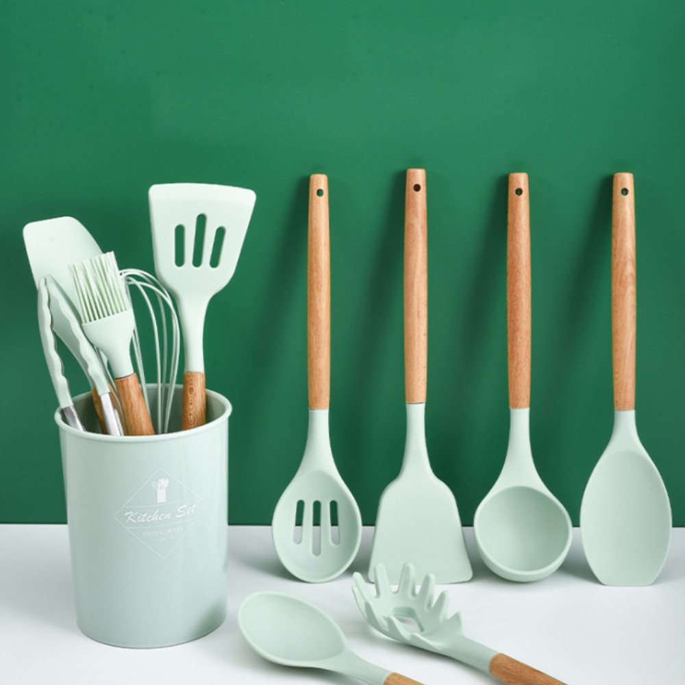 Kitchen Silicone 12 Pieces Cooking Utensils Set with Holder & Wooden