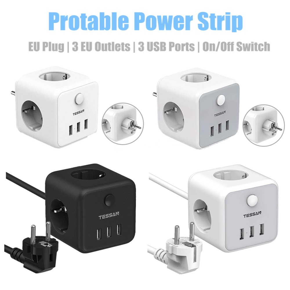 TESSAN Protable Power Strip With 3 EU Outlets 3 USB Ports On/Off Swtich ...