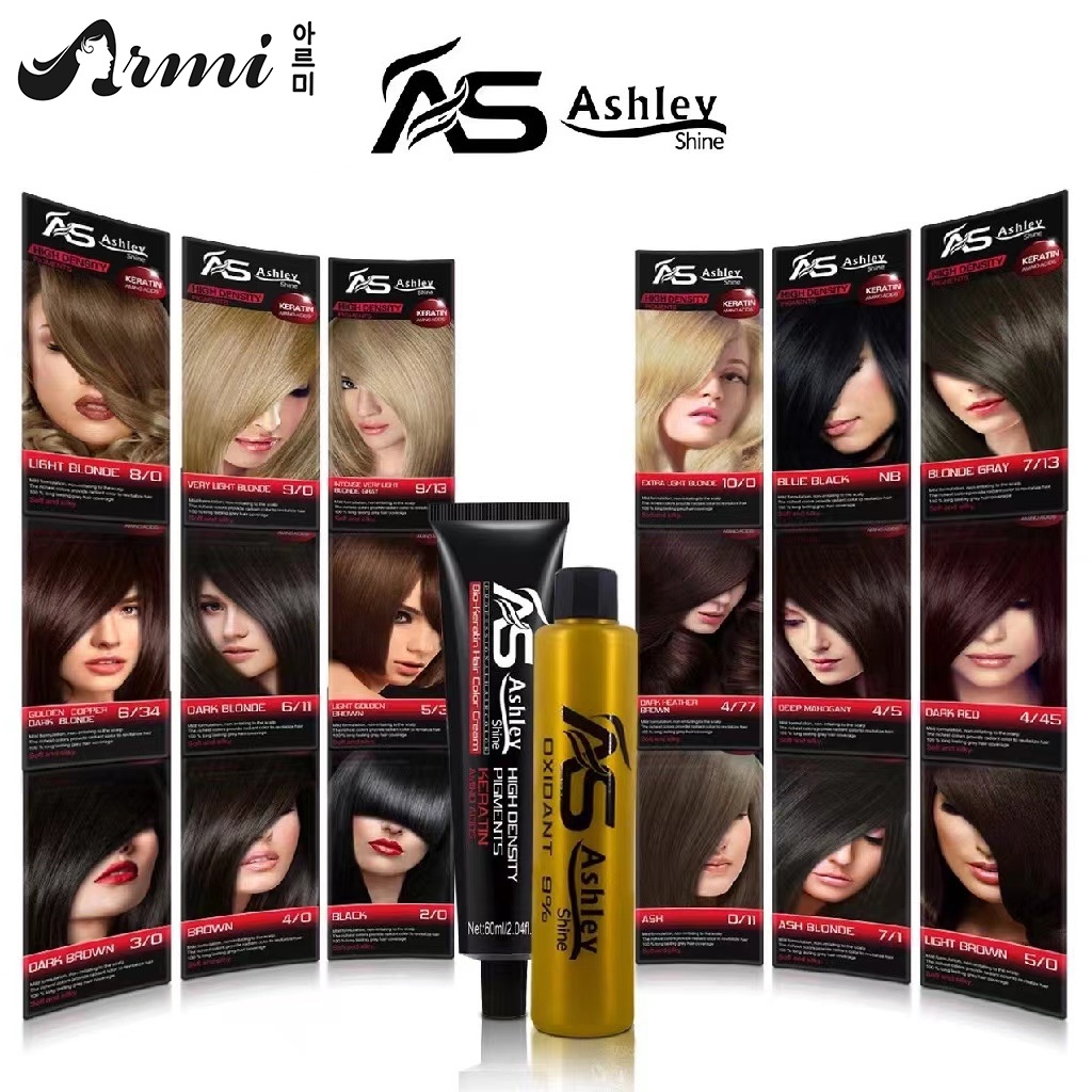 Ashley Shine Keratin Amino Acids Hair Color 2 in 1 Hair Color Cream With Oxidizer 60ml*2