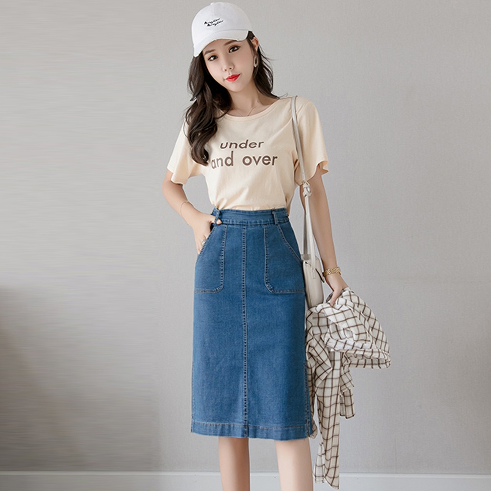 Plus Size S 5XL Women Denim Skirt Spring Summer Autumn Fashion Casual Pockets Elastic Stretch High Waist Knee Length Slim Bodycon Package Hip Pencil Jean Midi Skirt Blue Shopee Philippines