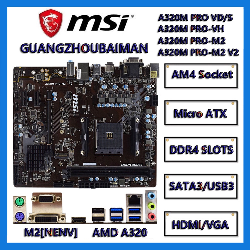 MSI A320M PRO-VH/M2/VD/S A320 AMD Ryzen AM4 Motherboard DDR4 SATA3 HDMI ...