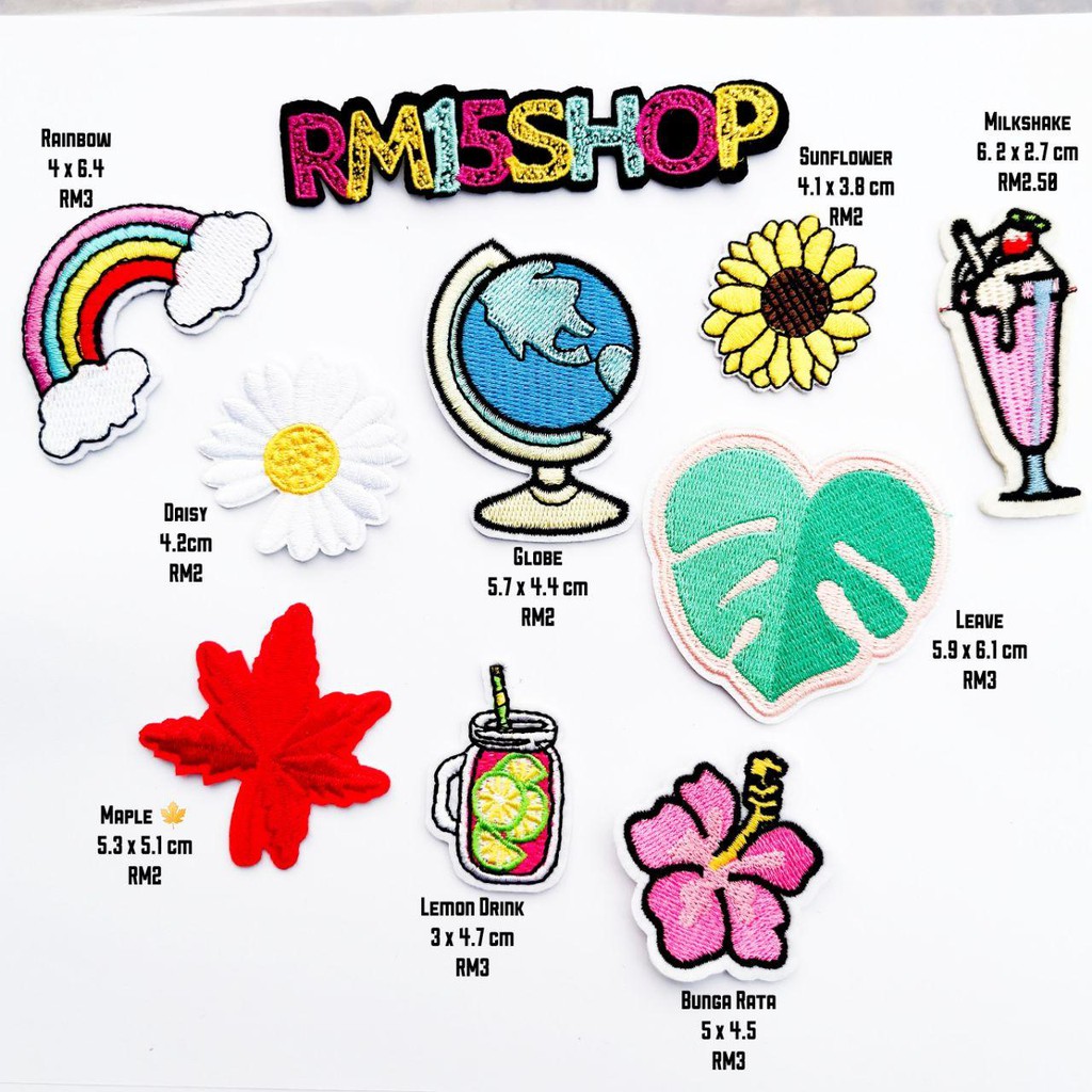 IRON ON PATCHES BUNGA RAYA PELANGI GLOBE BUNGA MATAHARI BOBA MILKSHAKE ...