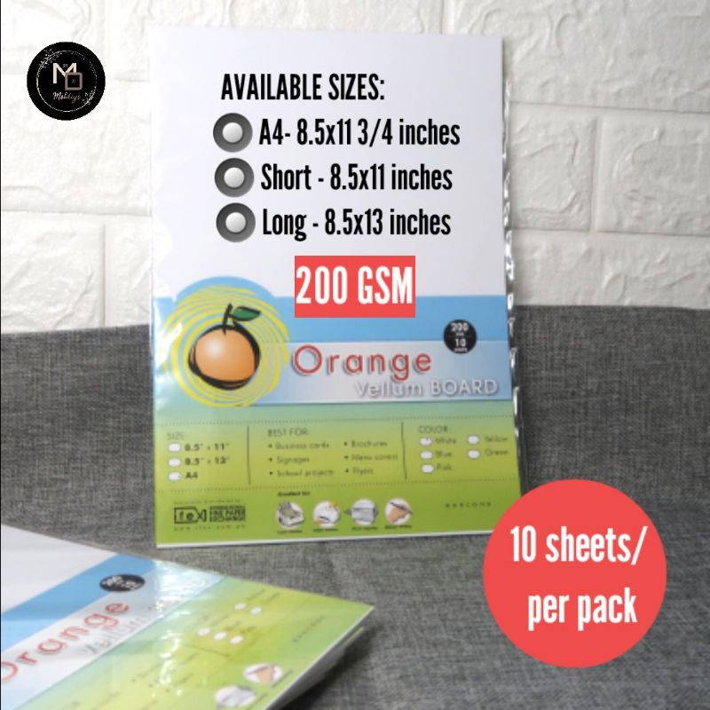 (10 sheets) Orange Vellum Board White 200gsm A4/Short/Long Shopee