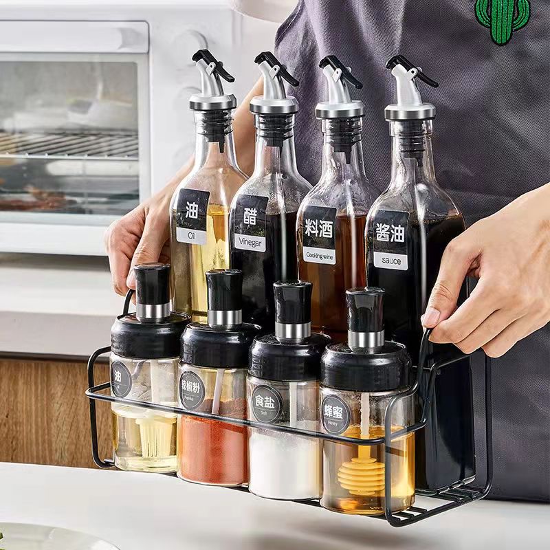 5 in 1 Household Seasoning Jar Set Glass Oiler Saucer Bottle Kitchen