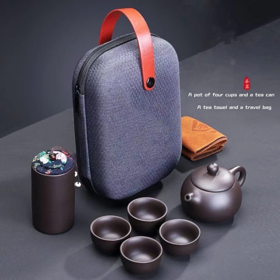 Portable Travel Teapot Set Purple Sand Ceramic 6-Piece Tea Set 1 Teapot ...