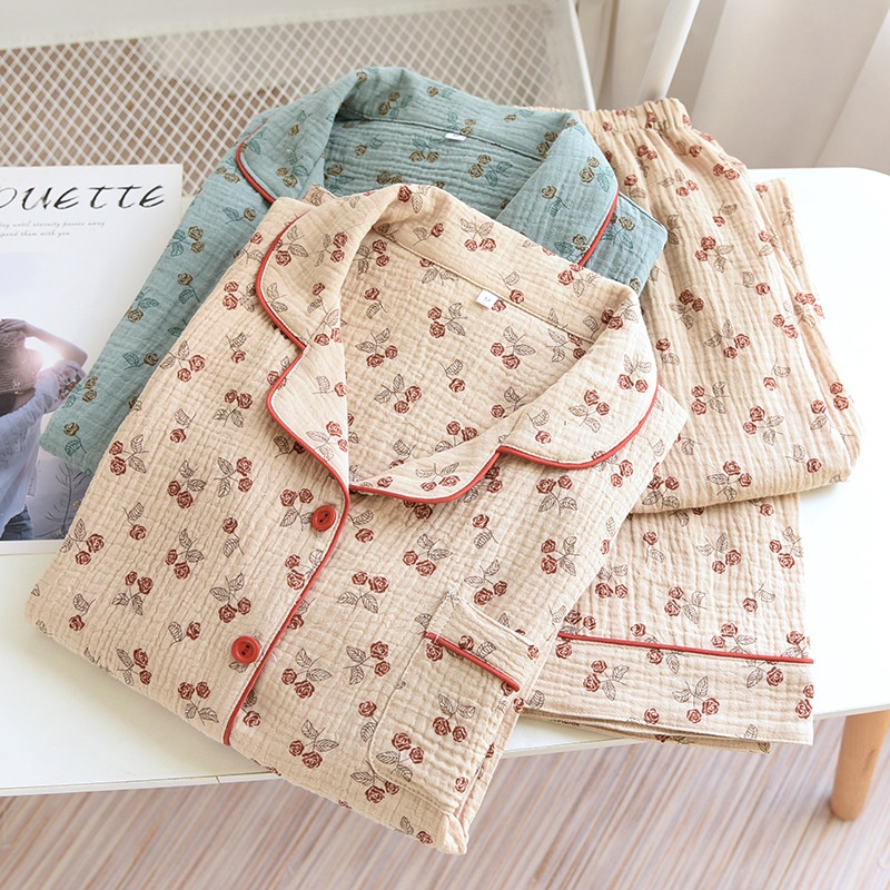 Retro Small Rose Crepe Pajamas Long Suit Rose Combed Cotton Ladies ...