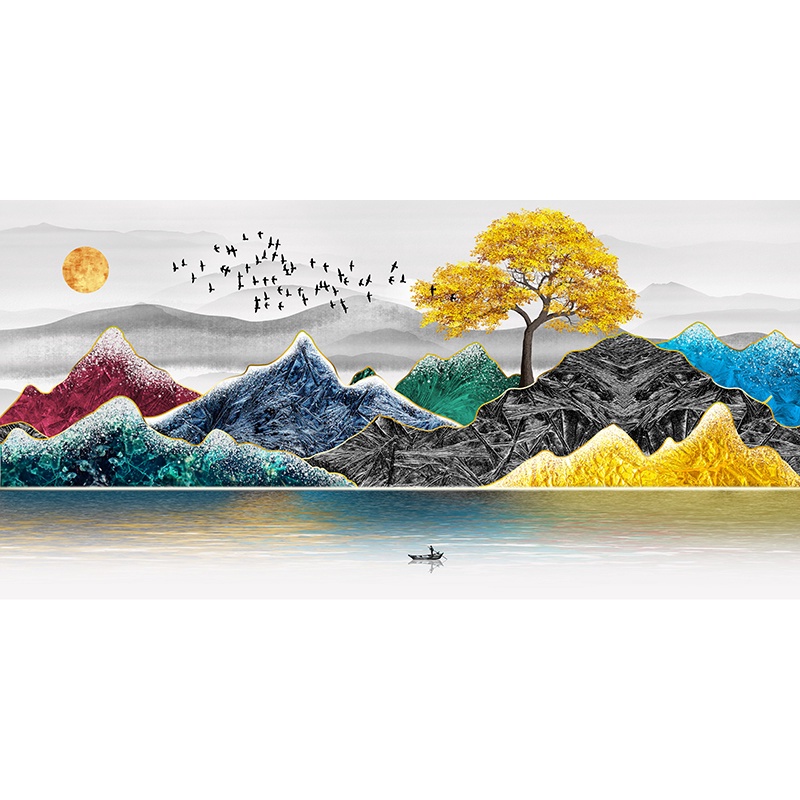 Wallpaper Nordic Abstract Gold Tree Birds Mountain Canvas Painting Wall ...
