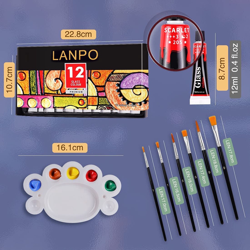&12 24 Colors Stain Glass Paint Set with 6 Nylon Brushes, 1 Palette