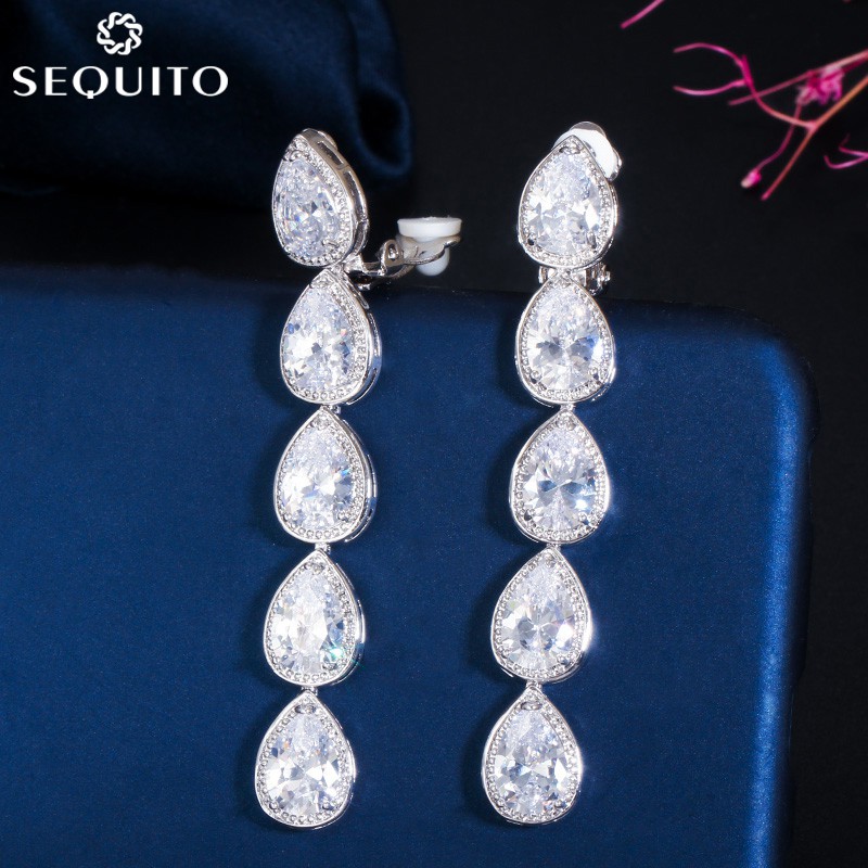 SEQUITO Non Piercing Ear Clip Design Shiny Long Waterdrop Zirconia ...