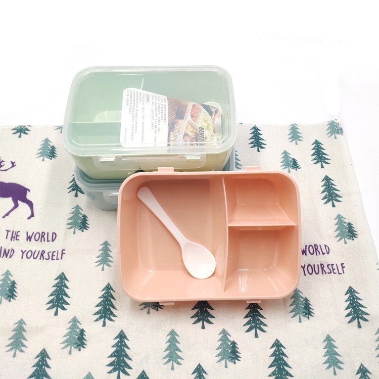 (atta)Lunch Box W/Spoon 3 Divider Plastic Food Storage Seal Students ...