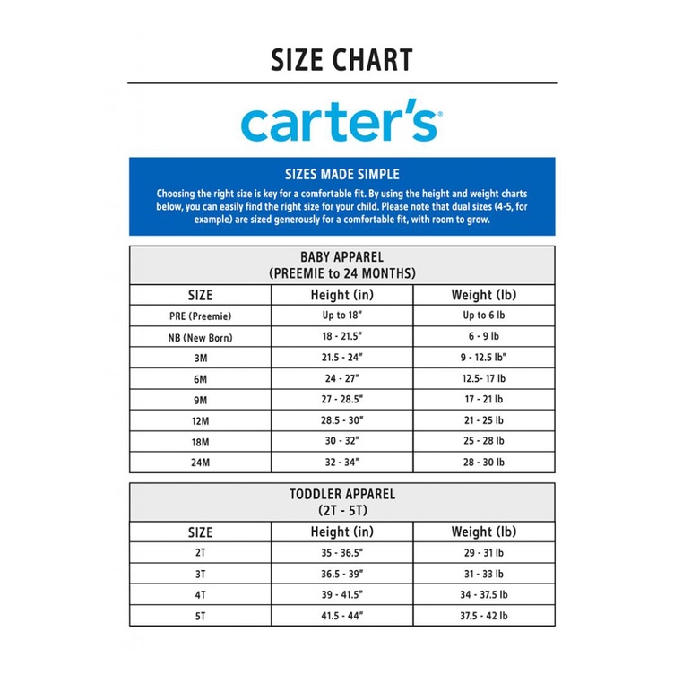 Preemie Carters Infant Size Chart Baby Preemie NICU Grad Bodysuit