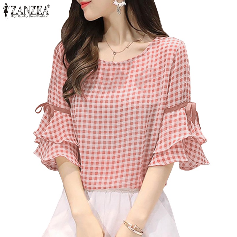 ZANZEA Korean Style Womens Loose Flare Ruffles Short Sleeve Blouse Party  Gown Check Tops Shirts