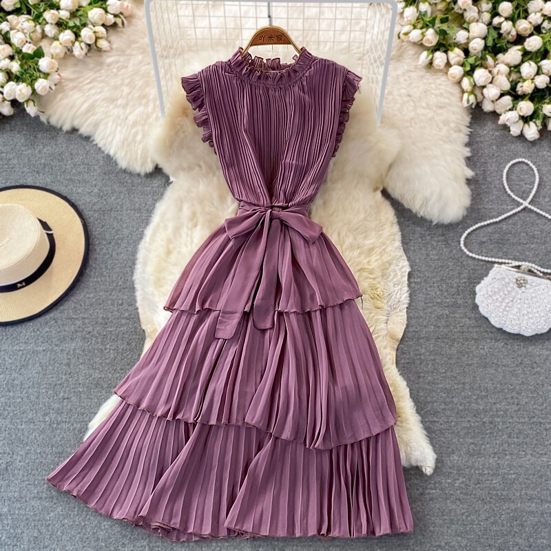 Elegant Pleated Fungus Edge Dress for Women