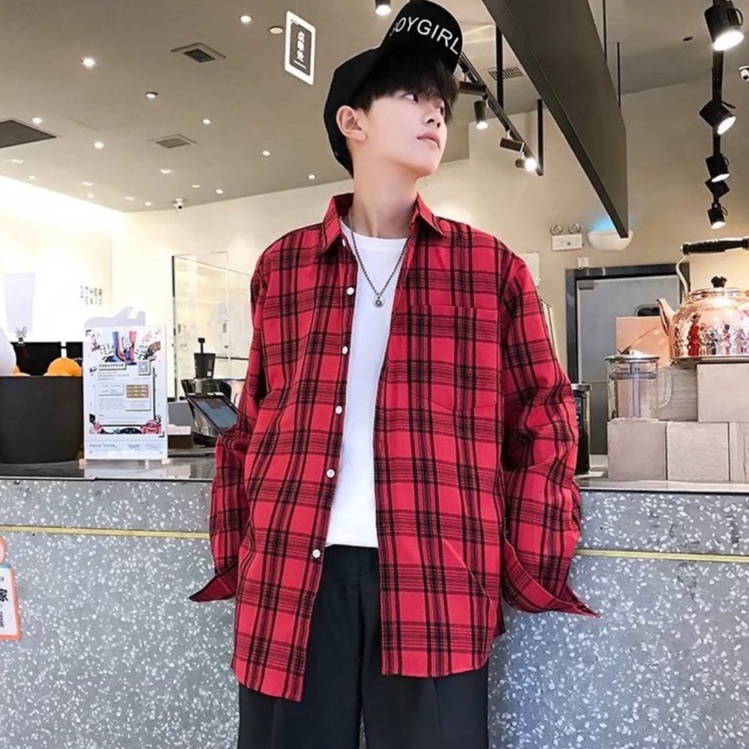 【High Quality】Ready Stock Korean Style Loose Plaid Long Sleeve Shirt for  Men Size M-3XL Unisex Lapel Stand Collar Casual Shirts