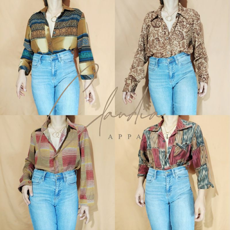 Women Vintage Shirts Fashion Print Contrasting Colors Long Sleeve Button  Down Blouse Casual Loose Business Shirt Tops