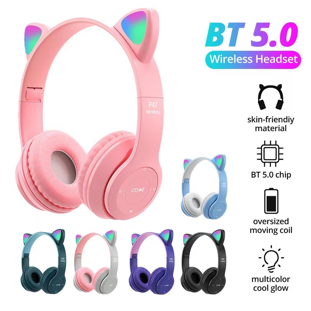 P47M Bluetooth Headphones With Cat Ears Headset Cat Headphone Blueooth With Microphone LED