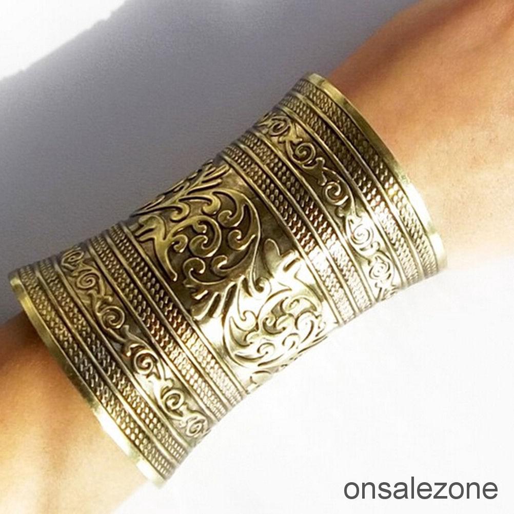 OZPH Antique Curved Jewelry Long Wide Vintage Metal Cuff Bracelet Bangle
