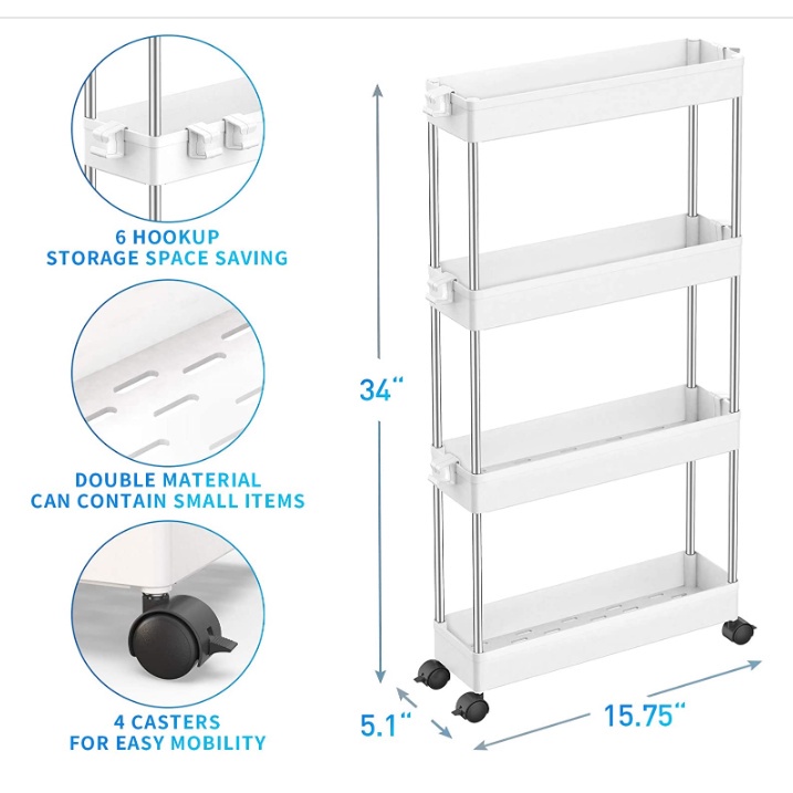 1pc 4 Layers Narrow Cabinet Rack With Wheels, Suitable For Bathroom,  Kitchen And Living Room