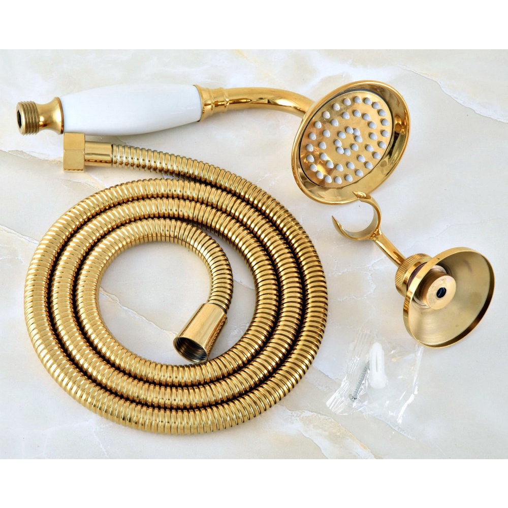 Luxury Gold Color Brass Ceramic Hand Held Shower Head + 1.5m Shower ...