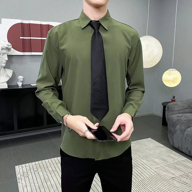 HAIBINZOULU Men's Long-sleeved Shirt Non-iron Business Casual Formal Tops  Black White Men's Polo Shirt Free Tie