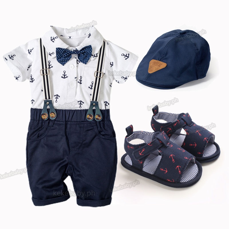 Gentleman Suit Navy Blue Shorts Sailor Anchor Print Onesies for Baby