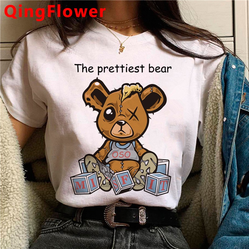 Anime Carino Orso Stampa T-Shirt Mezze Maniche Kawaii Estate Camicie Allentate Giapponese Harajuku Grunge Streetwear Top, bianco, M