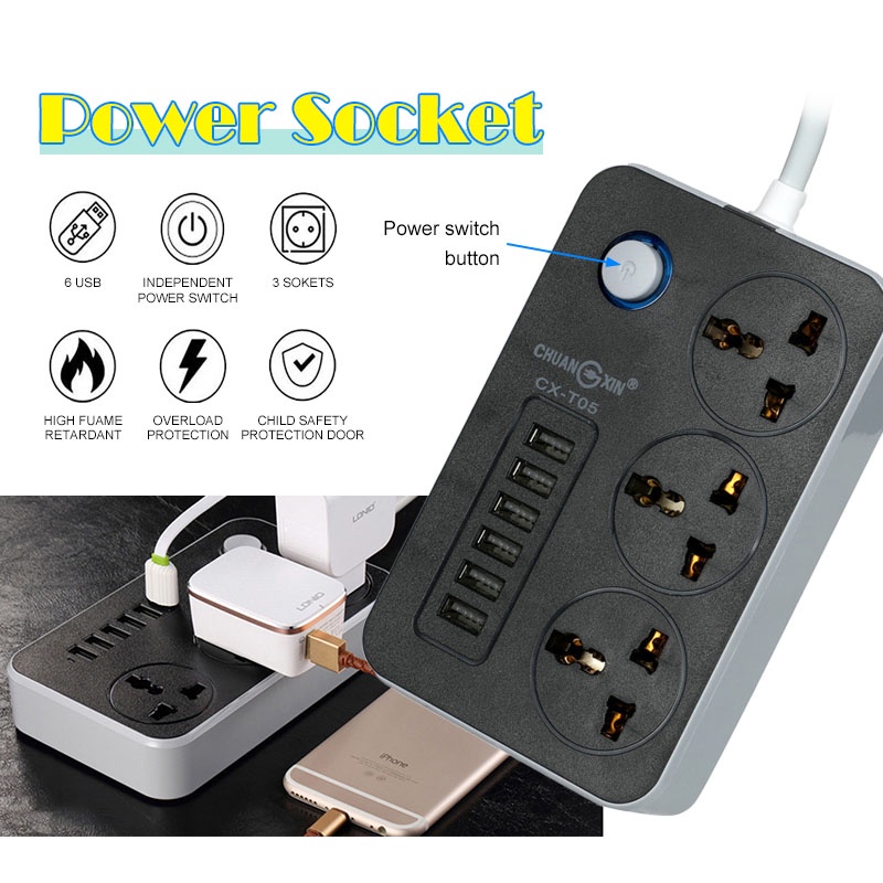 T16 Power Strip With 6 USB Ports 3 Power Socket US Plug Socket ...