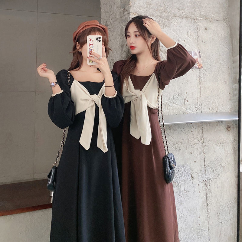 Autumn 2020 new Korean square neck design bowknot medium length long sleeve dress women s wear Shopee Philippines