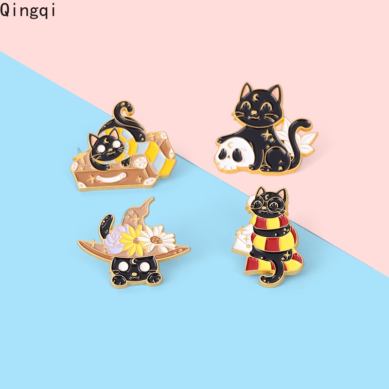 Magic Cat Enamel Pins Halloween Witch Hat Kitten Moon Cat Skeleton ...