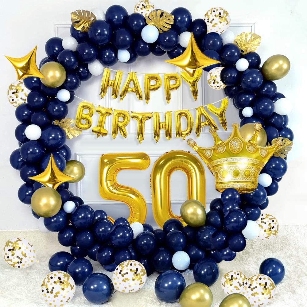 MMTX 50th Birthday Decorations Blue Gold,Party Decoration Cake Topper