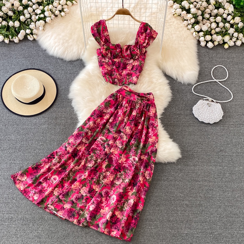 Elegant Korean Floral Two Piece Sets Women Summer Sexy Boho Shirts and ...