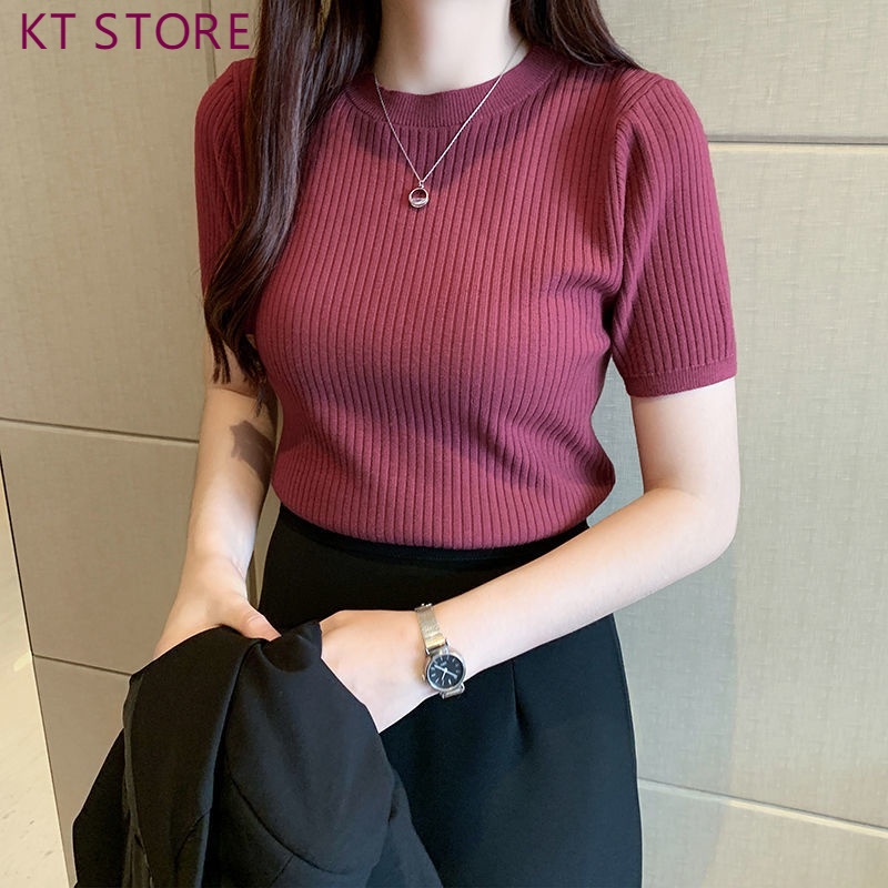Knitted Blouse Plus Size Women's Korean Style Round Neck Short Sleeve ...