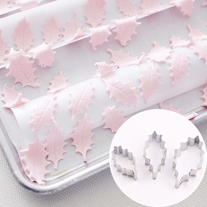 3pcs holly leaf shaped cookie cutters stainless steel moulds christmas