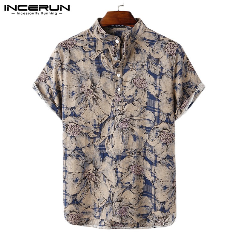 INCERUN Men's Summer Cotton Retro Floral Round Neck Short Sleeve Shirts ...
