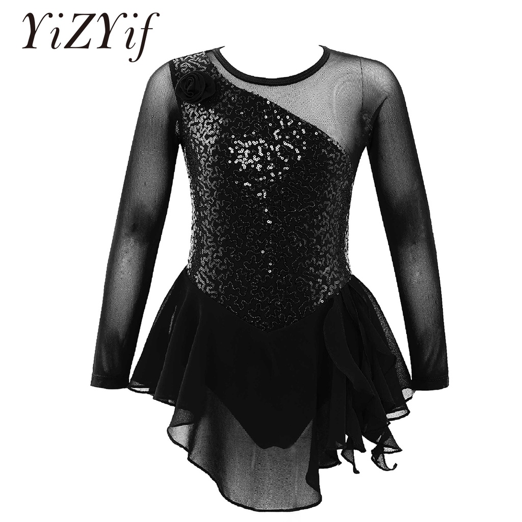 Kids Girls Long Sleeves Sequins Flower Figure Ice Skating Dress Child