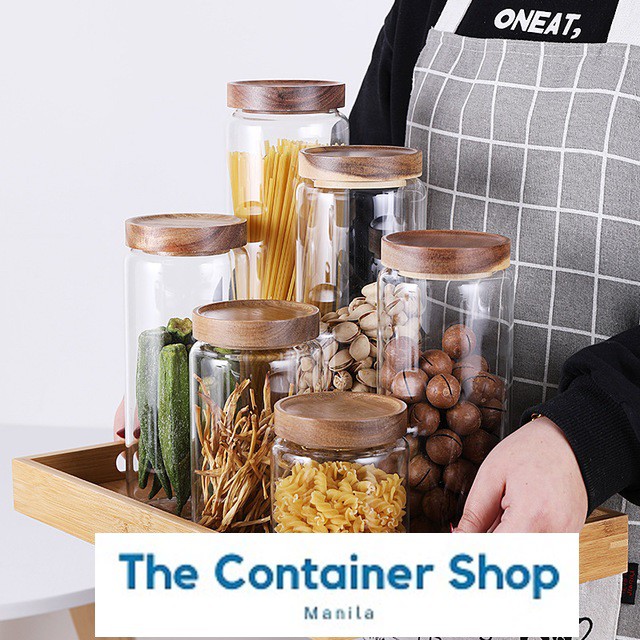 CONTAINER SHOP Acacia Lid Glass Jar Press Type for Kitchen Food Storage ...