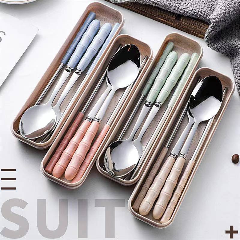 【LX♥SAVER 】304 Stainless Steel Wheat Handle 3 in 1 Chopsticks Spoon ...