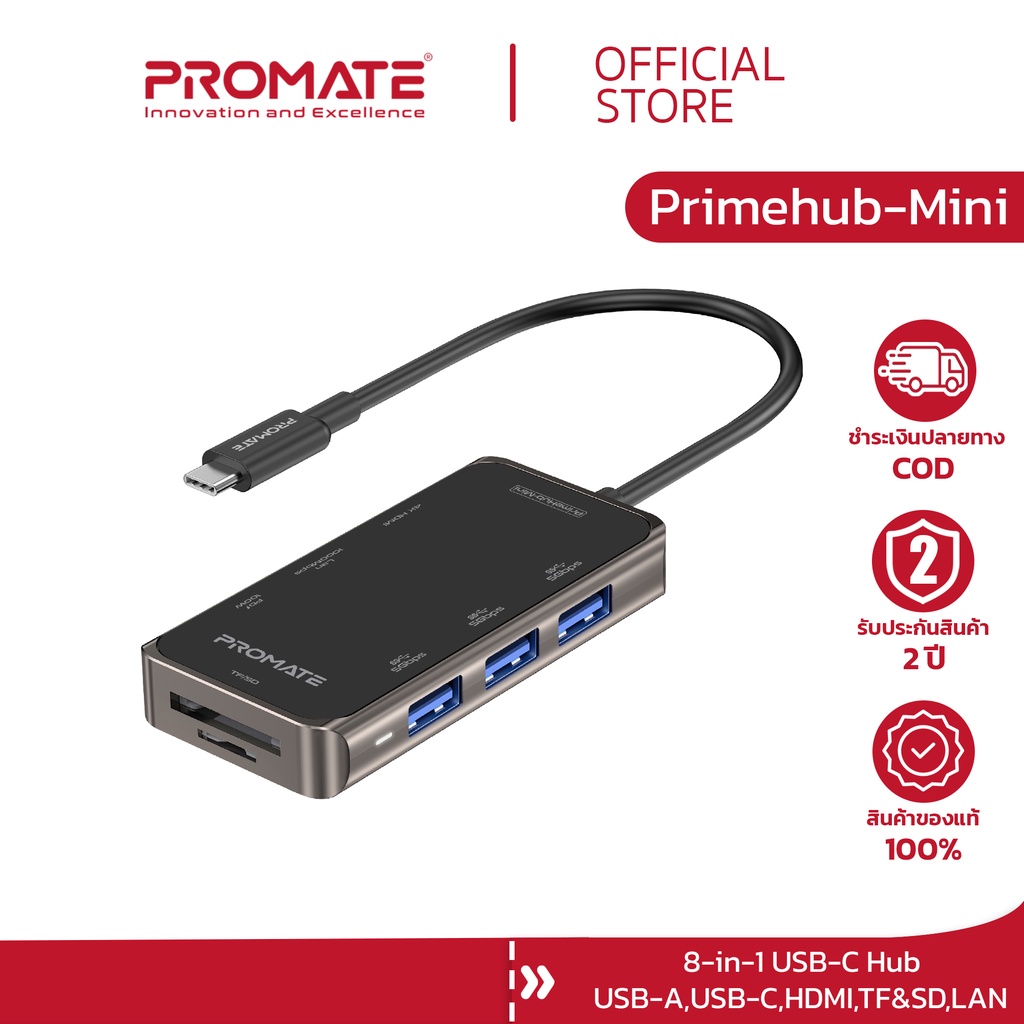 PROMATE USB-C Hub (Pimumhub-Mini Edition) 8-in-1 with 100W Power ...