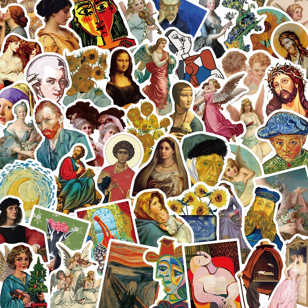50 pcs Unique world stickers artist Van Gogh David Mona Lisa retro oil ...