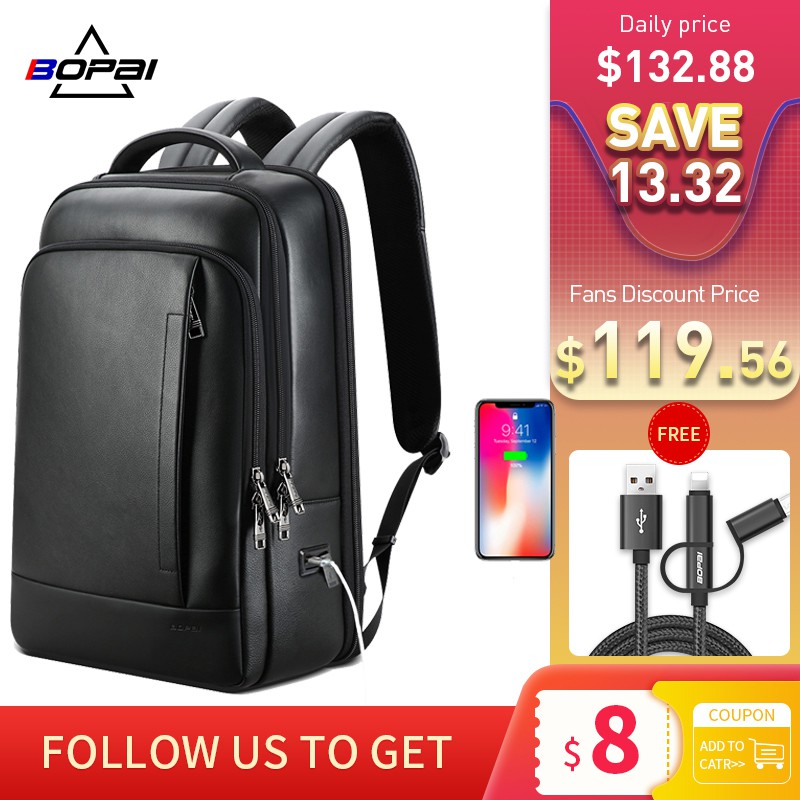 BOPAI Genuine Leather Backpack Laptop Mens Business Casual Waterproof ...