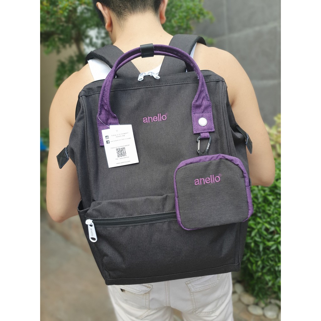 Anello Japan Two Tone Black Violet Dense Mottled Polyester Hinged Clasp Unisex Backpack with Pouch