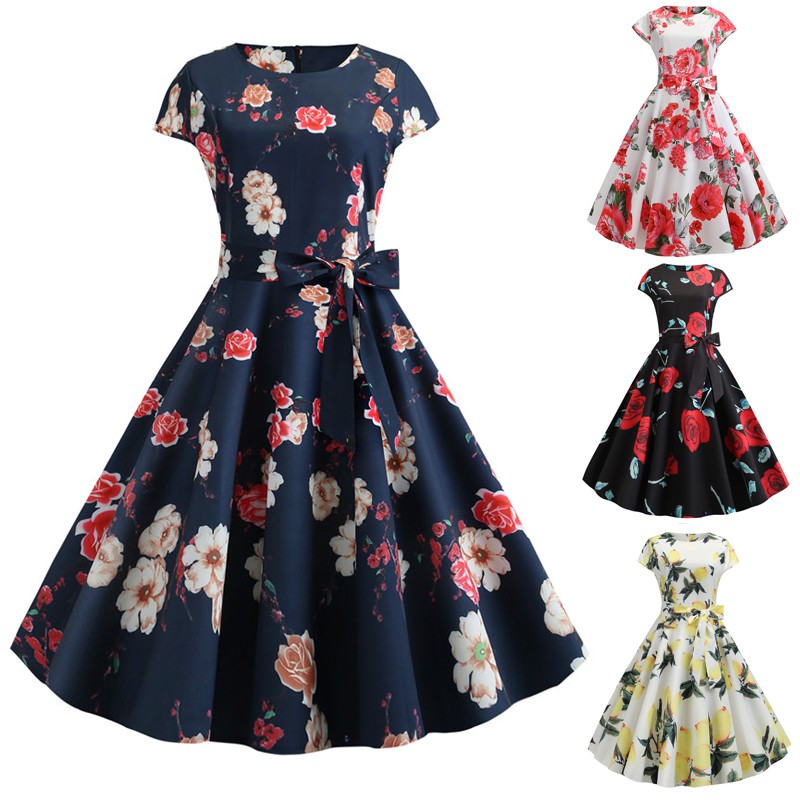 Women Summer Vintage Floral Print Short Sleeve Casual Knee Length Dresses 9 Color Shopee Philippines