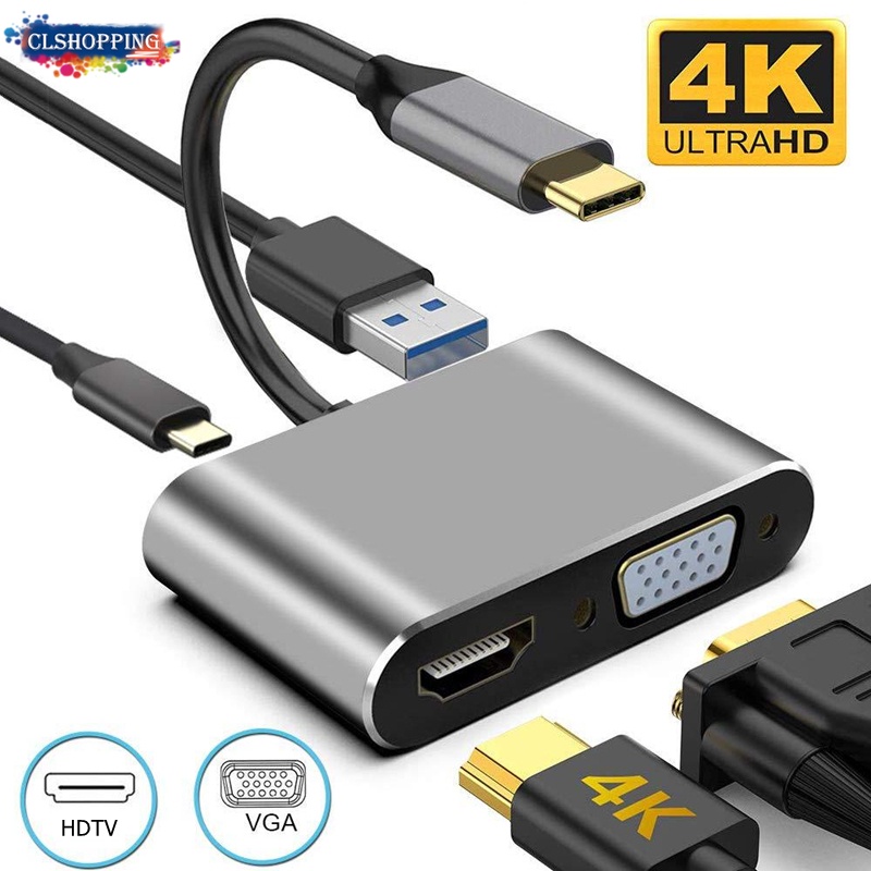 【Ready Stock】Type-C to HDMI-compatible 4K VGA USB C Hub Adapter