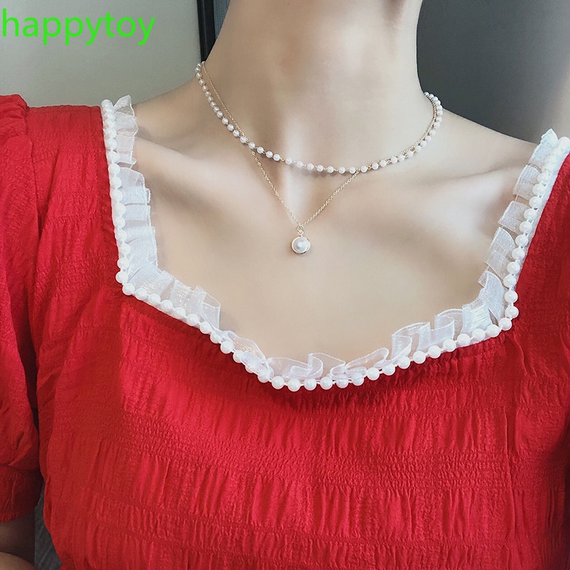 Fashion Pearl Metal Lock Necklace Multilayer Pendant Women Gold Chain ...