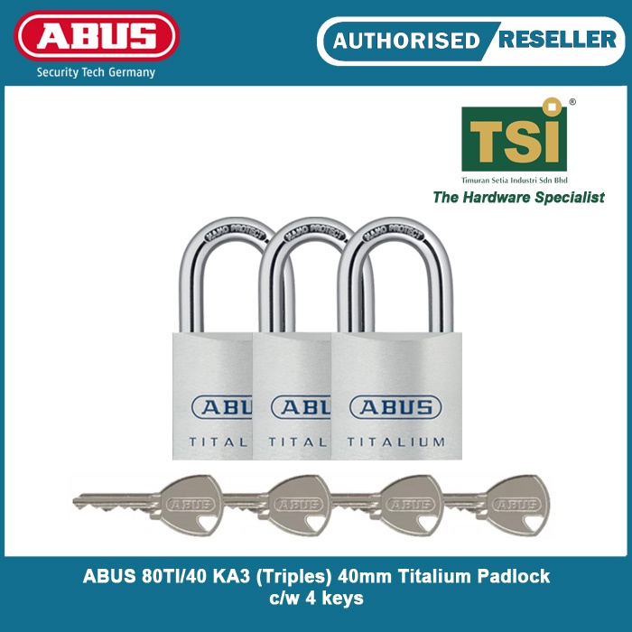 ABUS 80TI/40 KA3 (Triples) 40mm Titalium Padlock c/w 4 Keys | Shopee ...